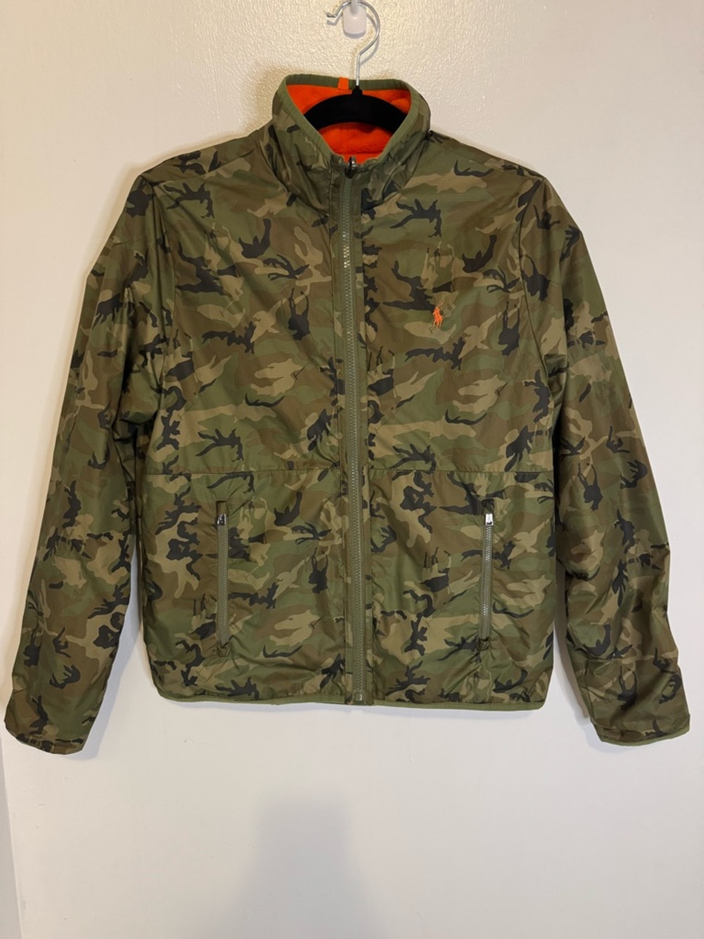 Polo Ralph Lauren Reversible Jacket Boys XL 18-20 Polar Fleece Green Camo Orange